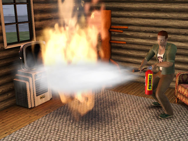Sims 3: Иногда во время починок случаются пожары. Криворукому мастеру придется быстро бежать под душ, чтобы сбить пламя.